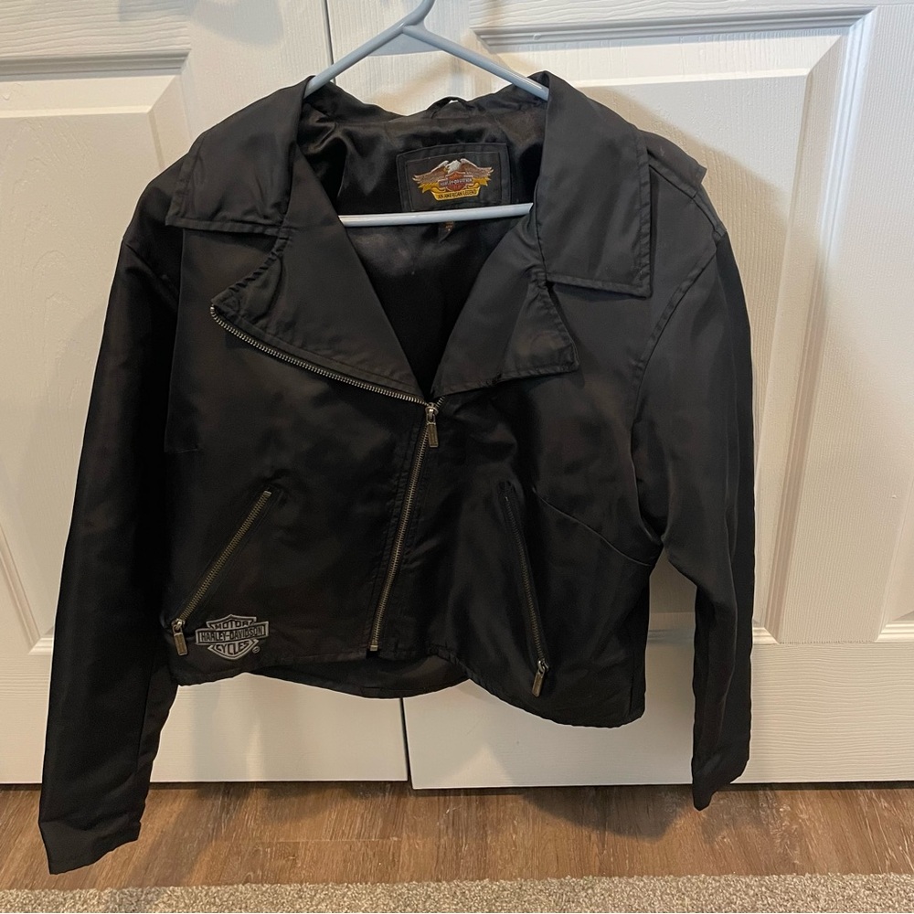 Harley Davidson Womens Jacket Size L 3 Zippers 2 Pockets Nylon Embroidered Logo